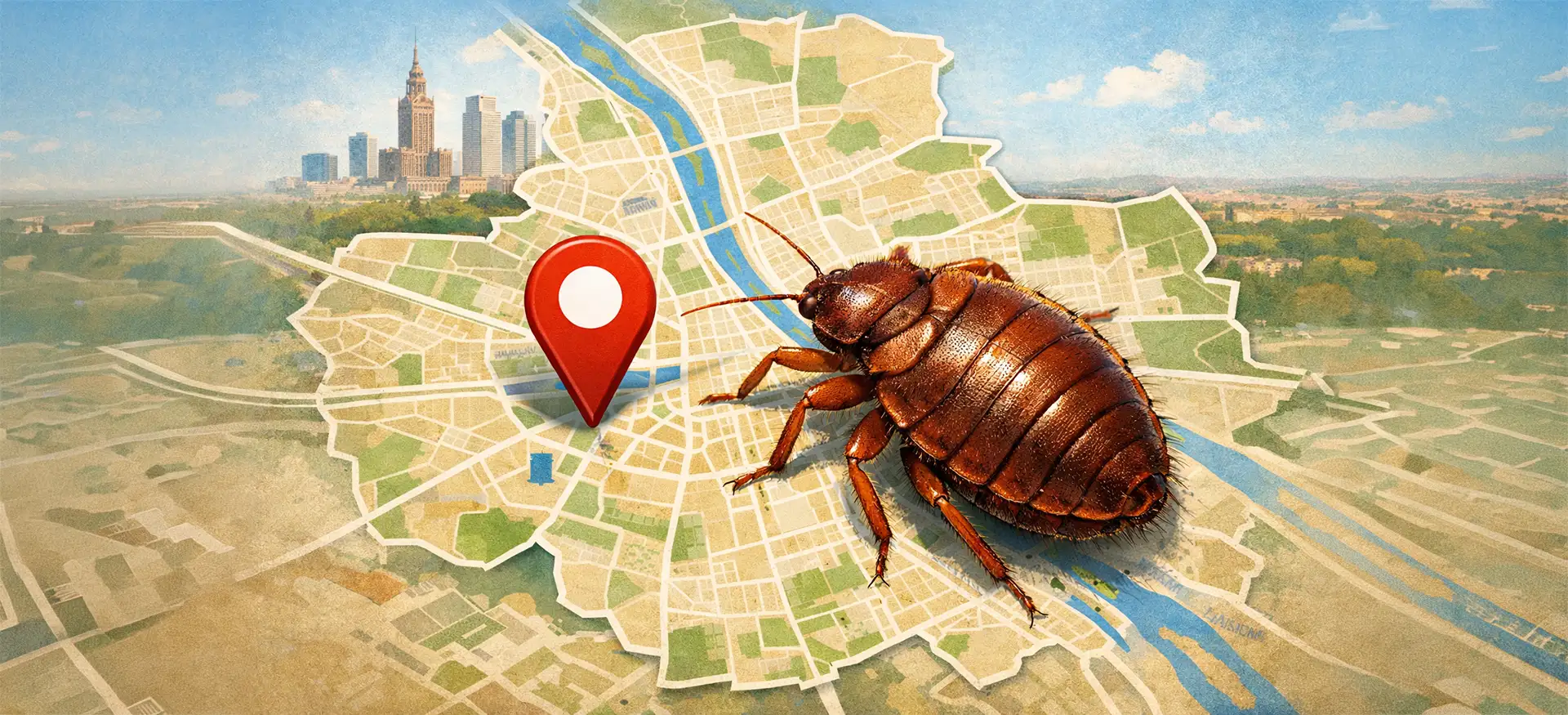 Skuteczne odpluskwianie Warszawa – zadbaj o dom i pozbądź się insektów. Grafika przedstawia mapę Warszawy z pinezką lokalizacyjną i symbolem pluskwy.