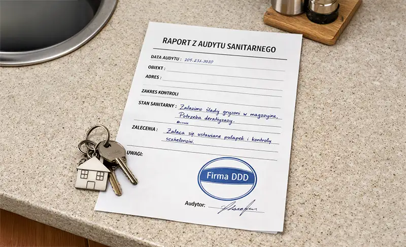  Dokument raportu z audytu sanitarnego z pieczątką firmy DDD leżący na blacie kuchennym obok kluczy do mieszkania