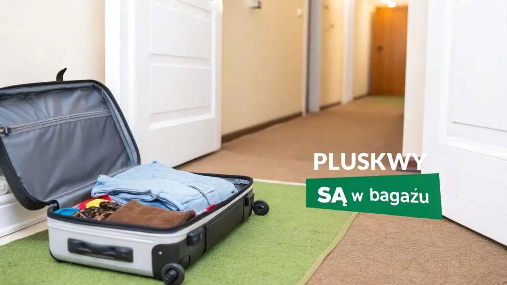 Otwarta walizka z ubraniami na zielonym dywaniku w hotelowym korytarzu, obok otwartych drzwi.