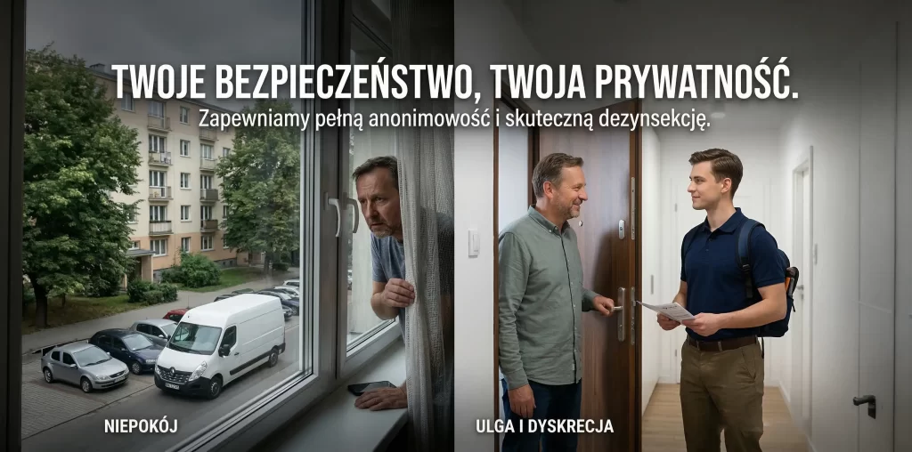 Grafika przedstawiająca dyskretną dezynsekcję InsektyOff. Po lewej stronie zaniepokojony mężczyzna wygląda przez okno na nieoznakowany biały van na warszawskim osiedlu. Po prawej ten sam mężczyzna z ulgą wita uśmiechniętego technika w cywilnym ubraniu z logo firmy.