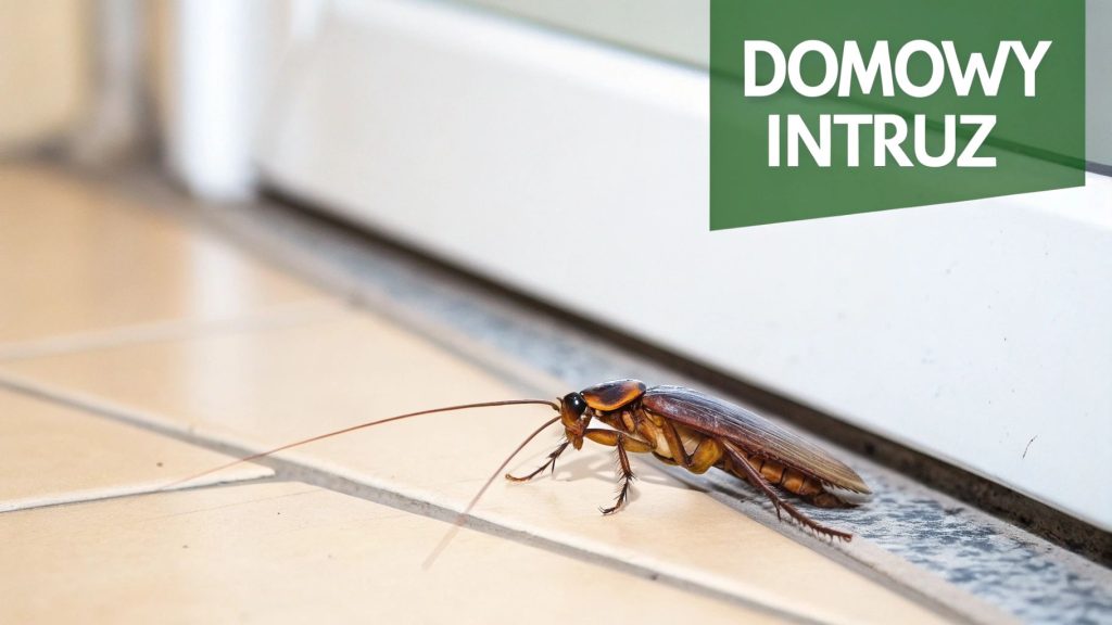 Duży, brązowy karaluch na jasnych płytkach podłogowych przy białej ścianie z napisem „DOMOWY INTRUZ”.