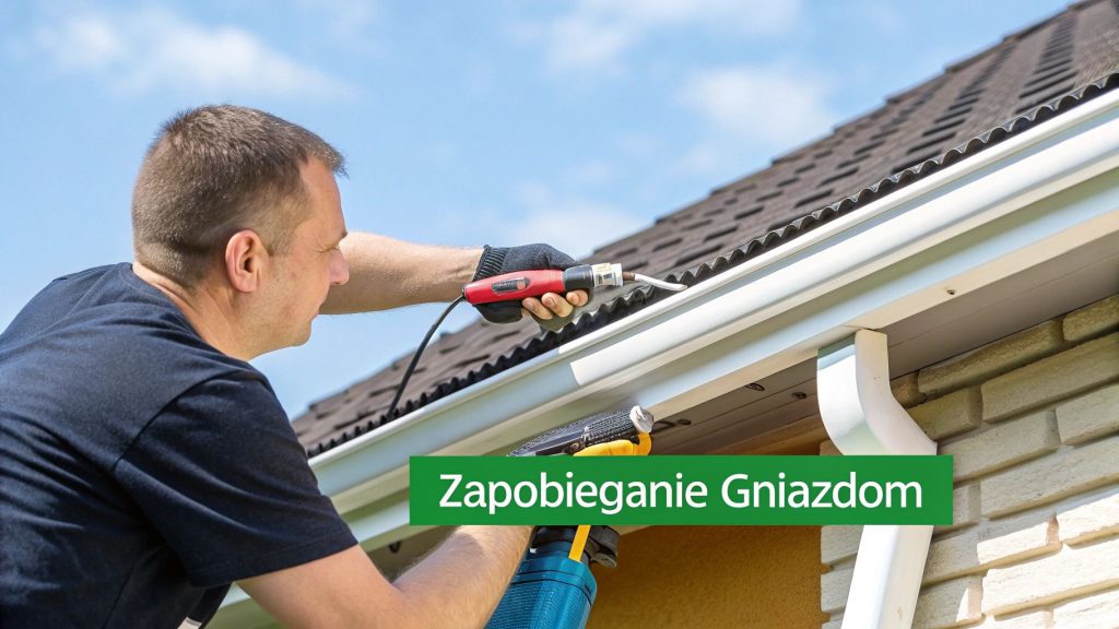 Mężczyzna w rękawiczce uszczelnia rynnę pod dachem domu, używając narzędzia. Cel to zapobieganie gniazdom szerszeni.