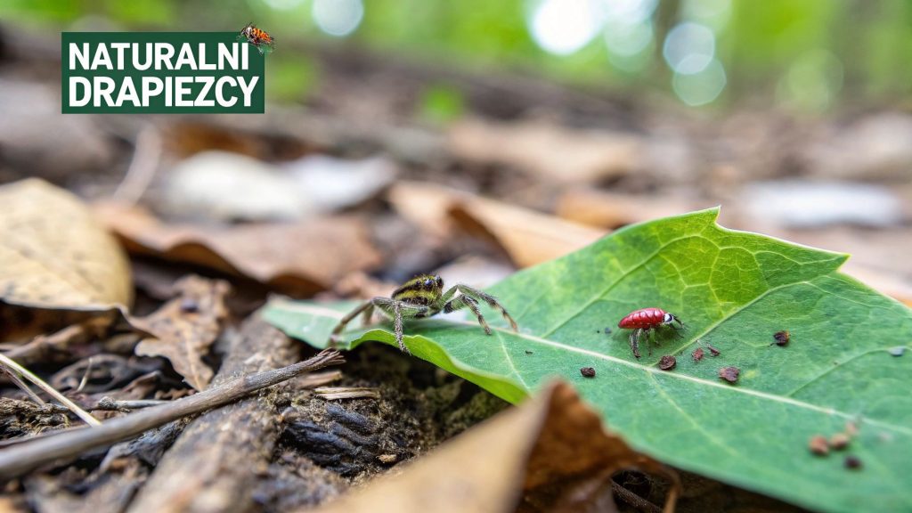 Pająk i czerwony owad na zielonym liściu, w tle napis 'NATURALNI DRAPIEŻCY'.