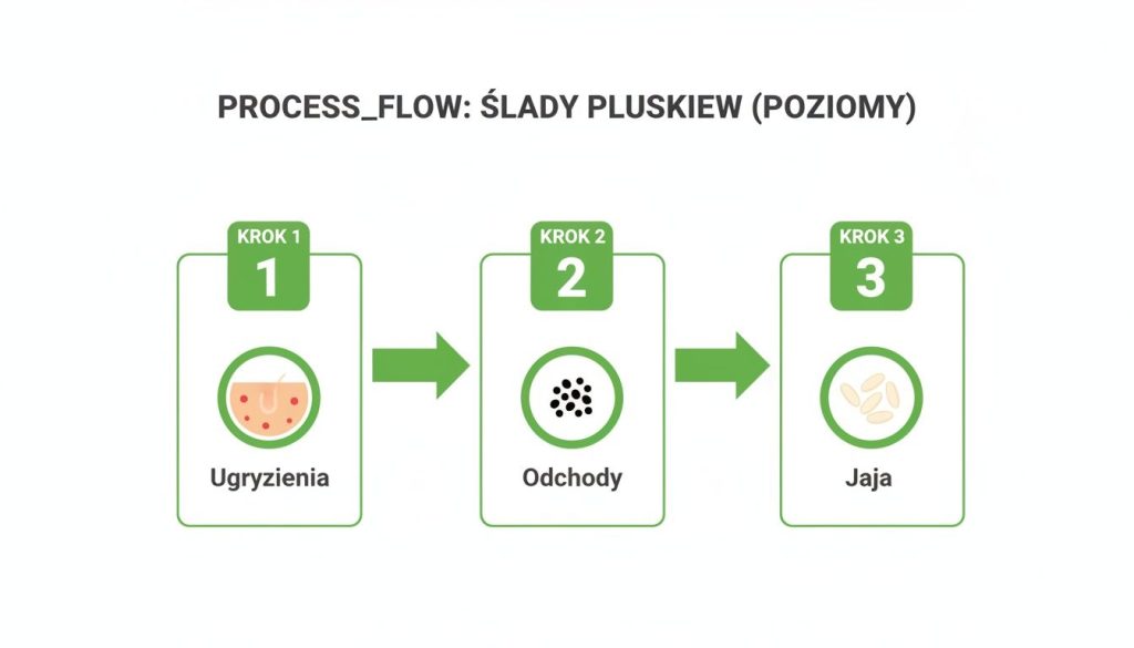 Grafika przedstawiająca trzy etapy identyfikacji śladów pluskiew: ugryzienia, odchody i jaja, w poziomym schemacie.