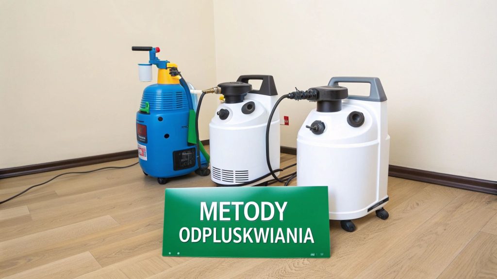 Trzy profesjonalne urządzenia do odpluskwiania i zielony znak z napisem 'METODY ODPLUSKWIANIA' na drewnianej podłodze.