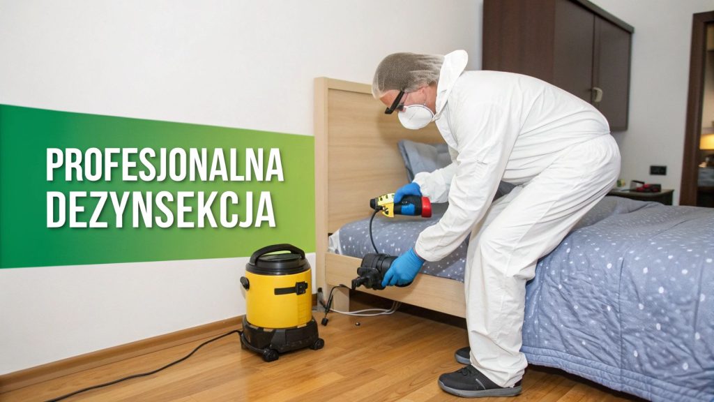 Pracownik w kombinezonie ochronnym i masce przeprowadza profesjonalną dezynsekcję sypialni, usuwając szkodniki.