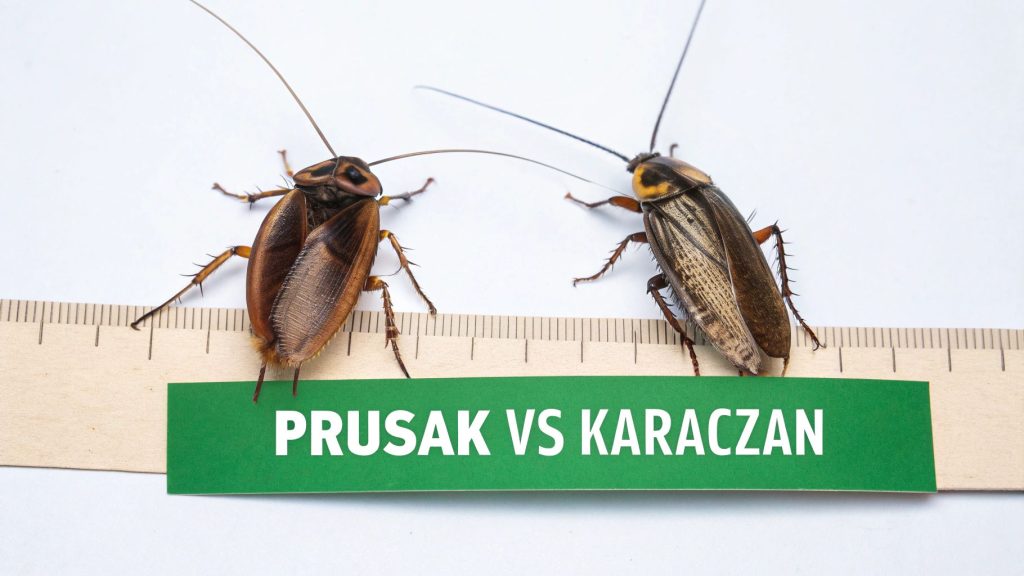 Dwa karaluchy, prusak i karaczan, są ułożone obok linijki. Zielona etykieta porównuje te dwa owady.