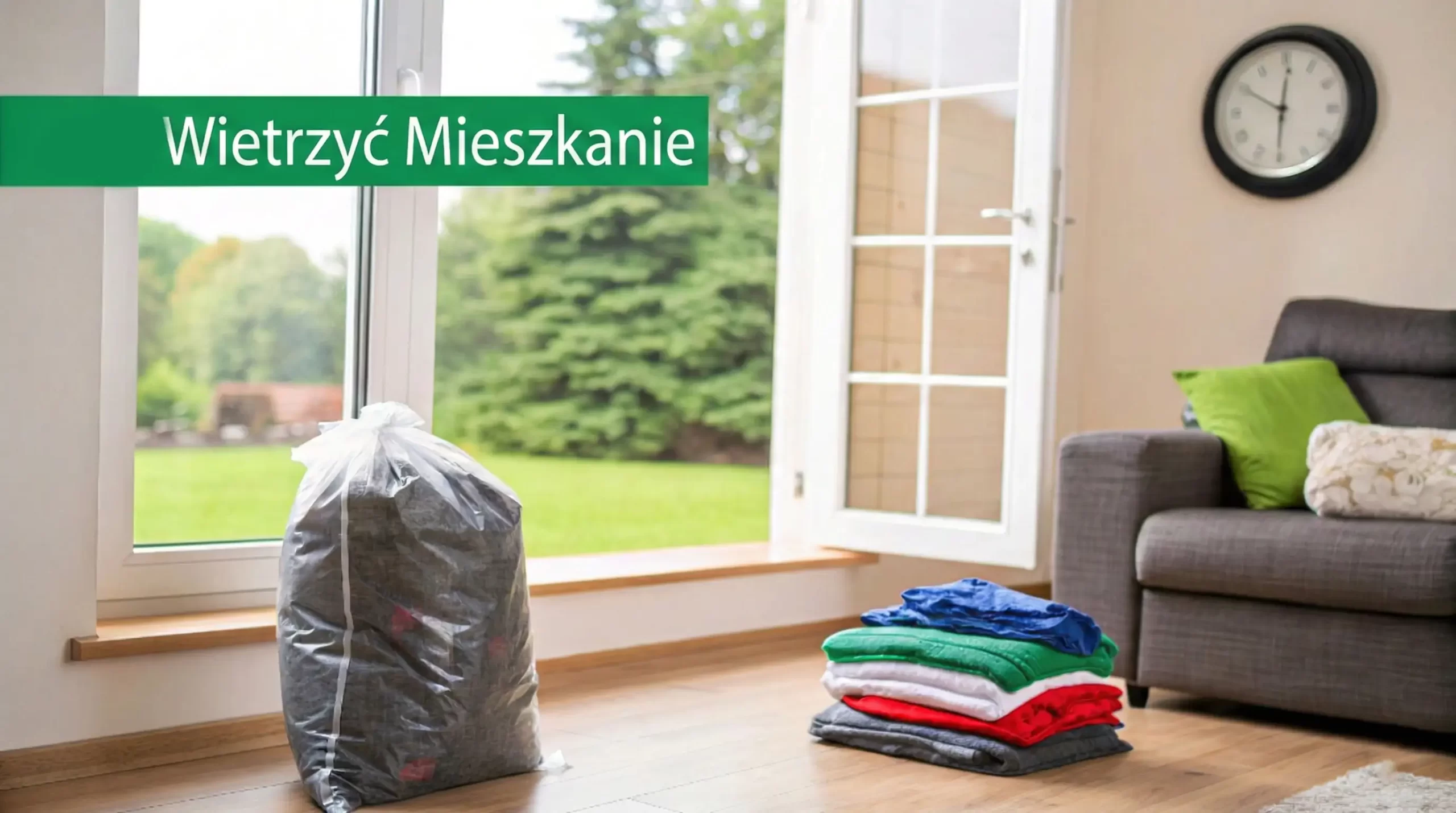 Wnętrze pokoju z oknem na ogród, workiem ubrań i złożonymi ubraniami na drewnianej podłodze, obok sofa.