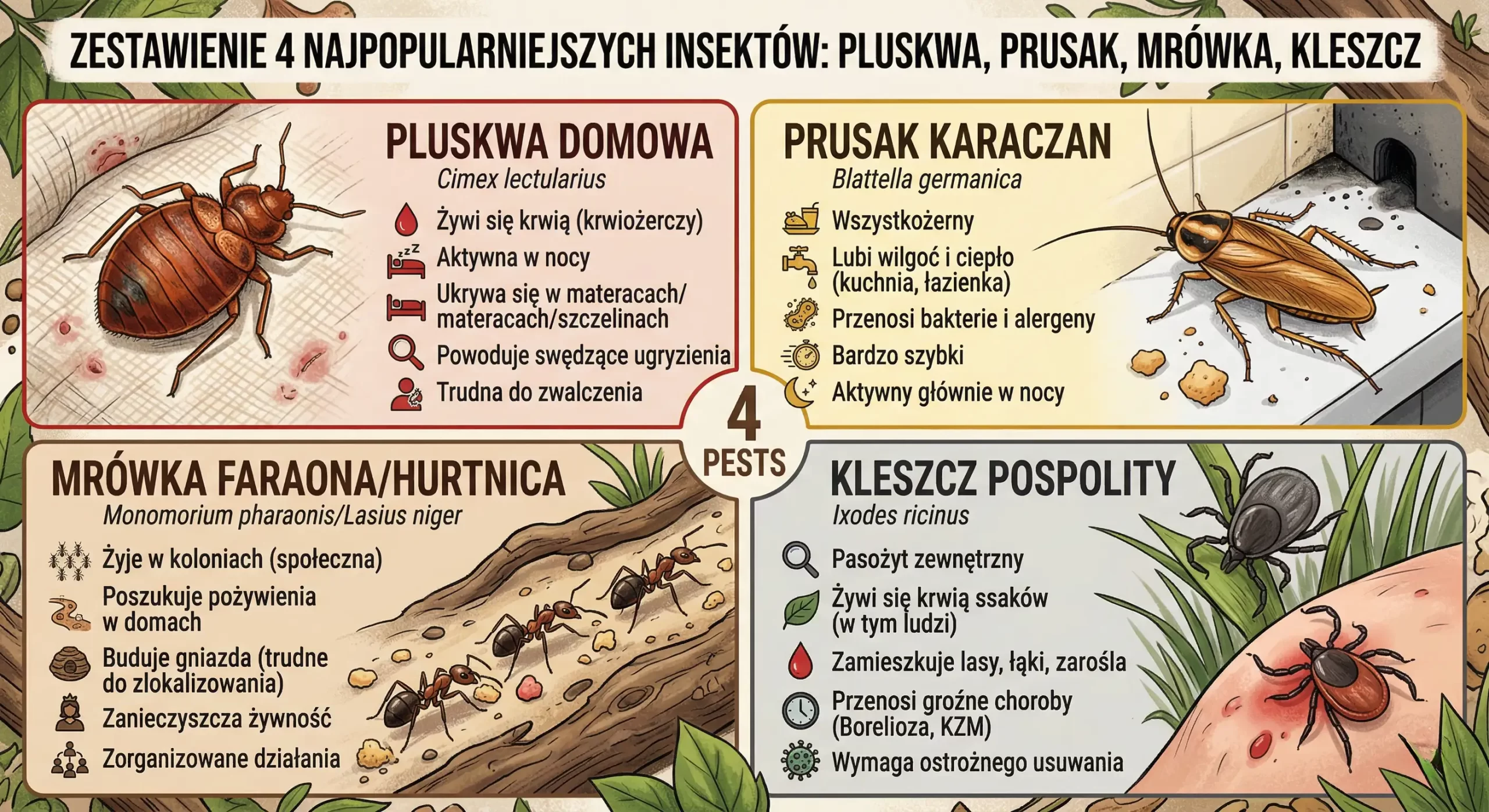Szczegółowa infografika przedstawiająca zestawienie czterech najpopularniejszych domowych szkodników w Polsce: pluskwy, prusaka, mrówki i kleszcza. Każda sekcja zawiera realistyczną ilustrację owada, jego nazwę łacińską oraz listę cech i zagrożeń, które skutecznie eliminuje profesjonalna dezynsekcja. Grafika ma jasny, edukacyjny układ z ikonami.
