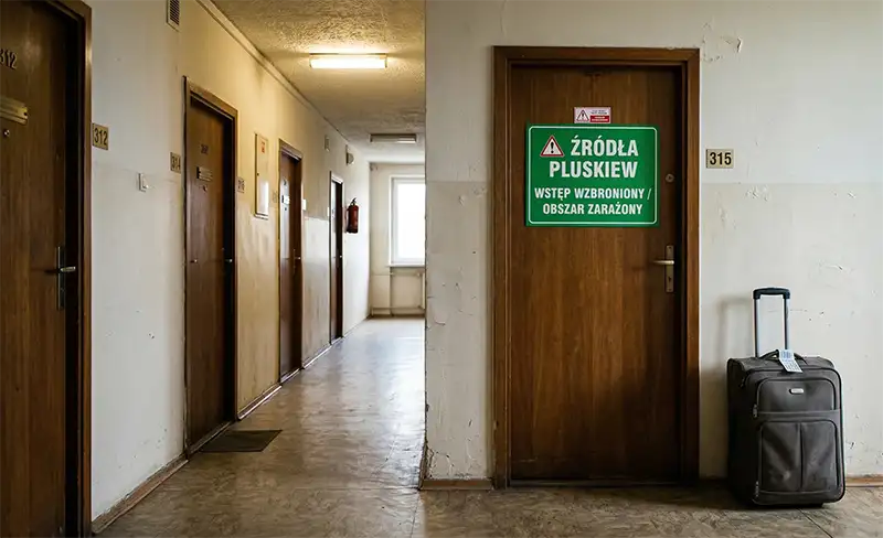 Korytarz w budynku z kilkoma drzwiami, walizką i wyraźnym zielonym znakiem 'ŹRÓDŁA PLUSKIEW' na drzwiach.