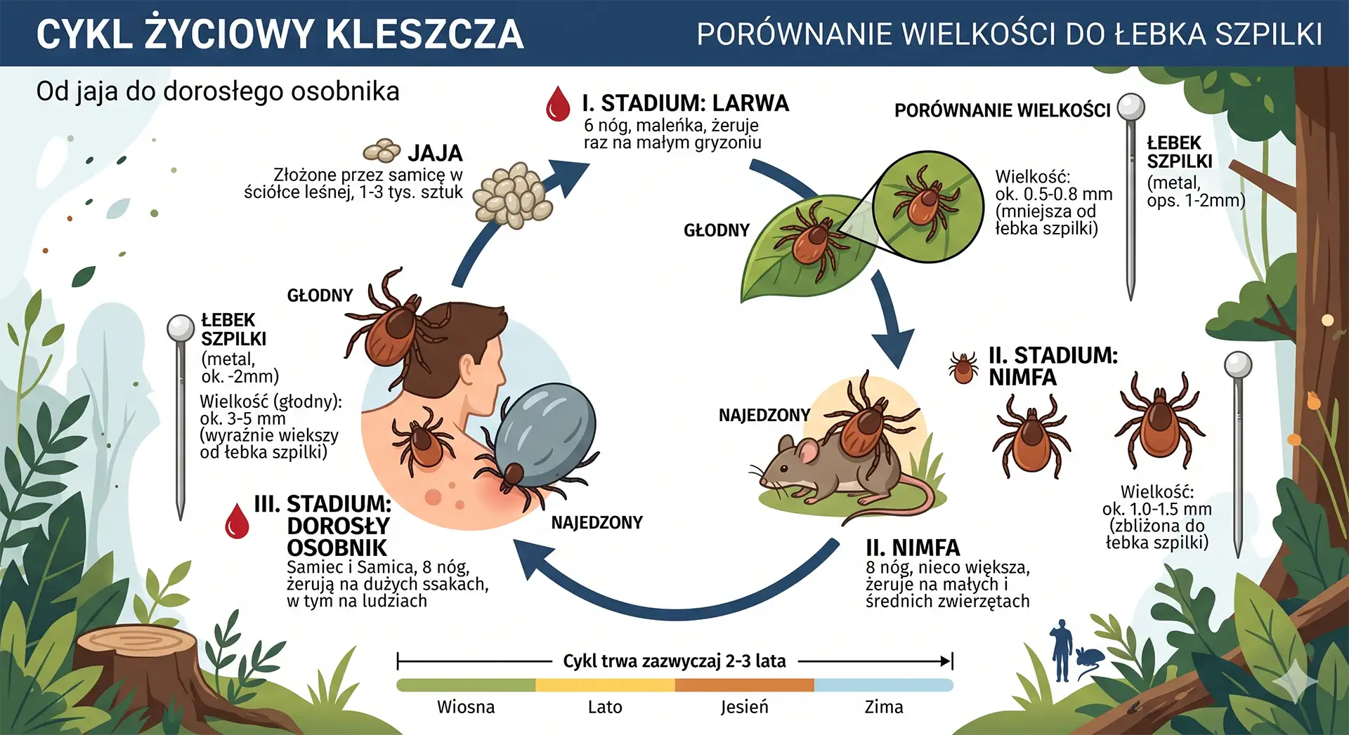 Info grafika przedstawiająca Cykl życiowy kleszcza przedstawiający stadia rozwoju od larwy, przez nimfę, aż po dorosłego osobnika w porównaniu do wielkości łebka szpilki.