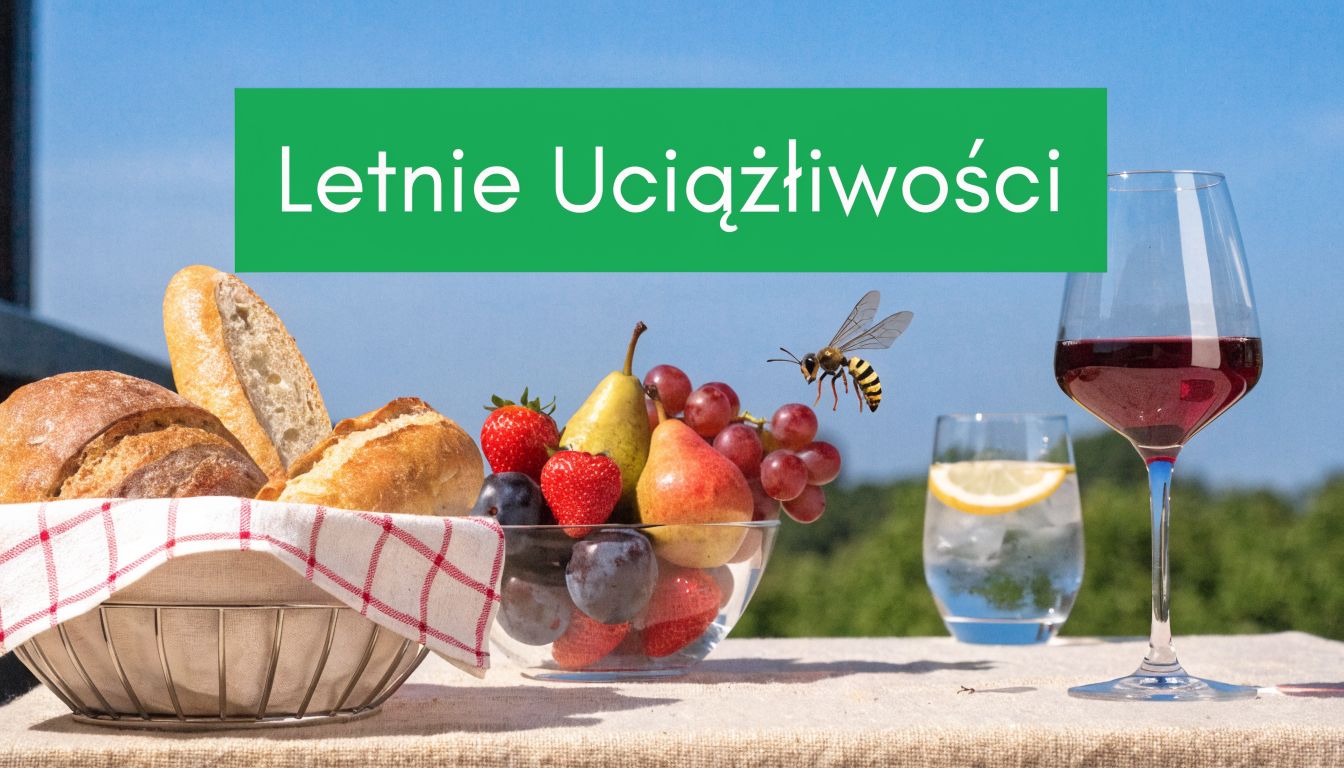 Stół ogrodowy z pieczywem, miską owoców i kieliszkiem wina, na którym ląduje uciążliwa osa w letni dzień.