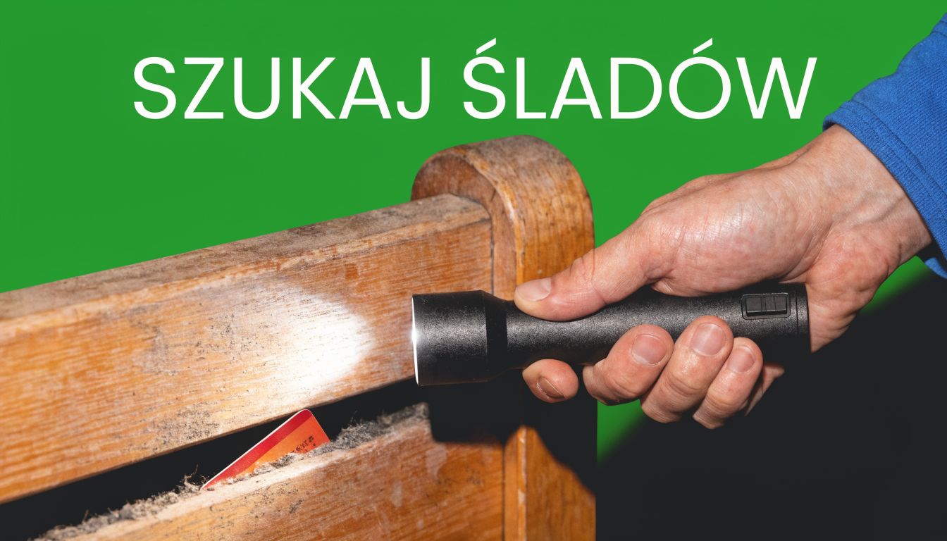 Dłoń trzymająca latarkę oświetla szczelinę w drewnianym meblu, w której ukryta jest karta lojalnościowa i kurz.