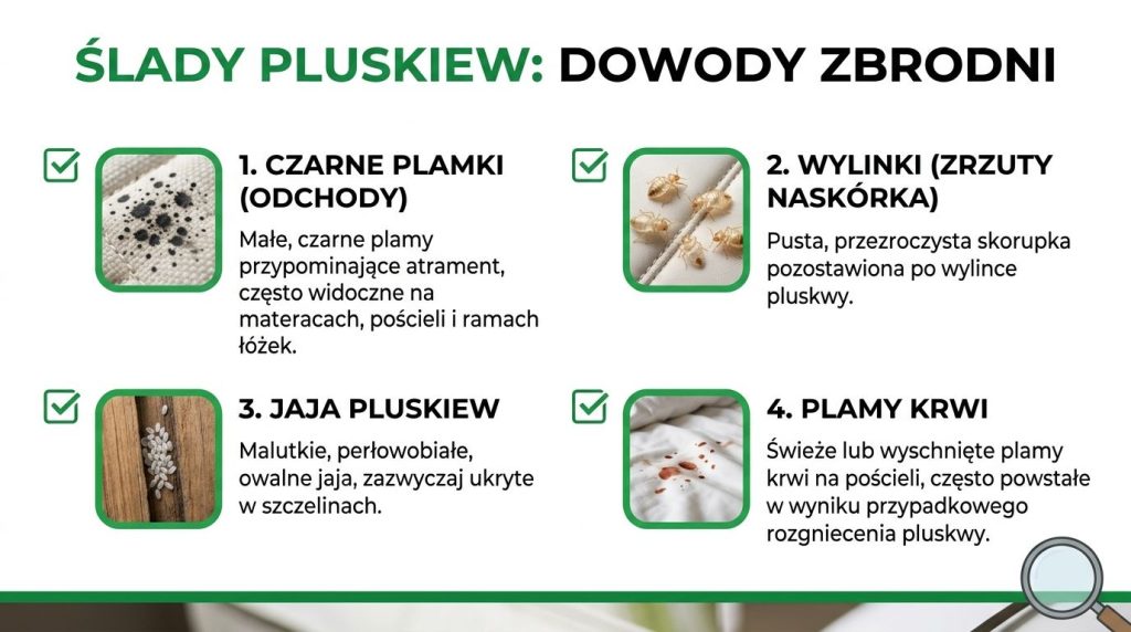 Grafika przedstawiająca cztery główne oznaki obecności pluskiew w domu: odchody, wylinki, jaja oraz plamy krwi na pościeli.