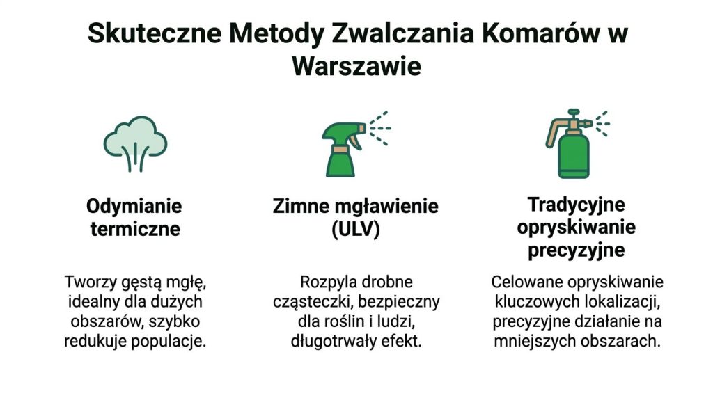 Grafika przedstawia trzy skuteczne metody zwalczania komarów w Warszawie: odymianie termiczne, zimne mgławienie oraz precyzyjne opryskiwanie.