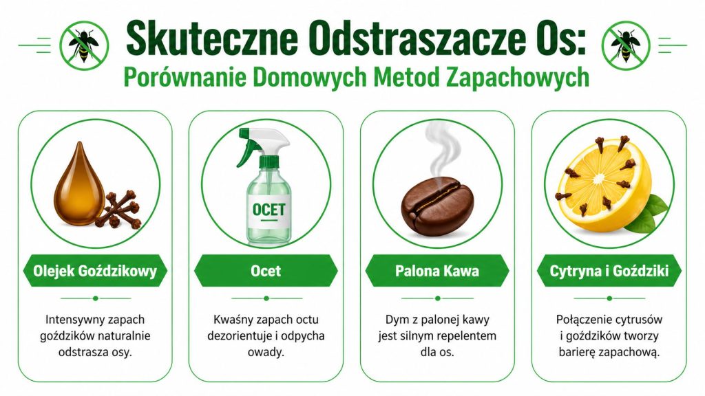 Grafika przedstawiająca cztery naturalne metody odstraszania os w domu, takie jak olejek goździkowy, ocet, palona kawa oraz cytryna.