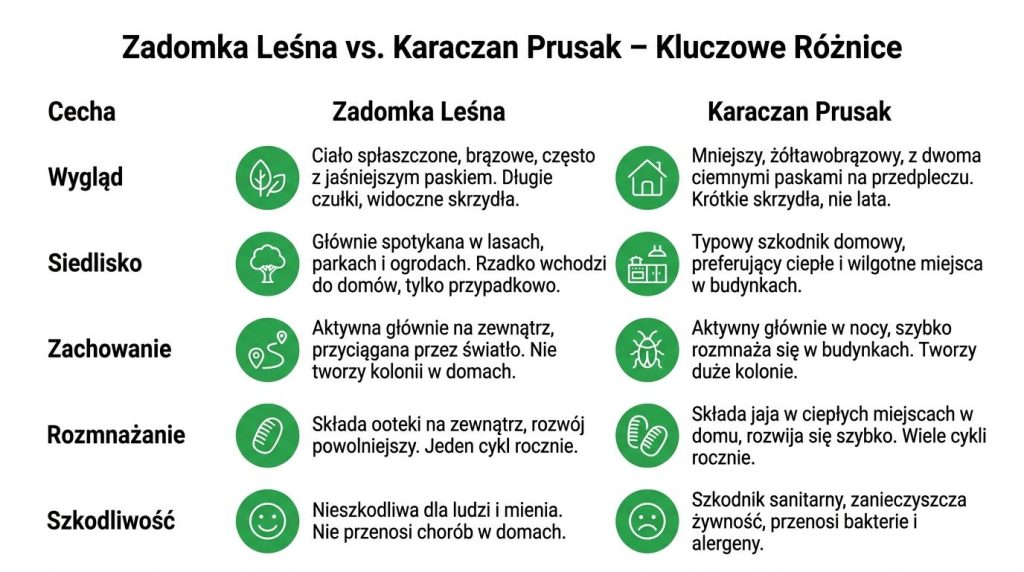 Porównanie cech zadomki leśnej oraz karaczana prusaka przedstawione w czytelnej tabeli informacyjnej z podziałem na kategorie.