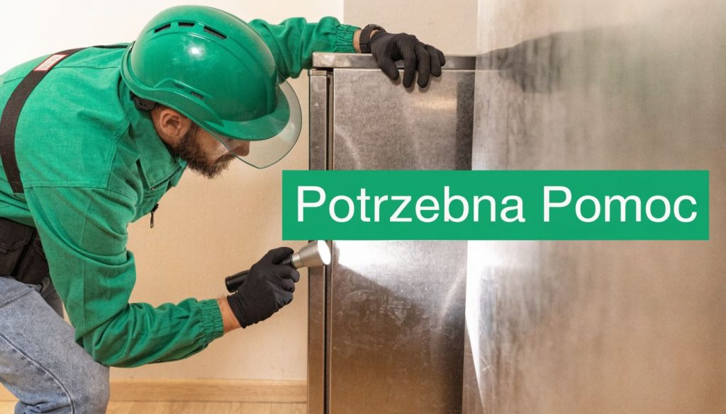 Pracownik budowlany w zielonym kasku i rękawicach używa latarki do sprawdzania metalowej powierzchni w pomieszczeniu.