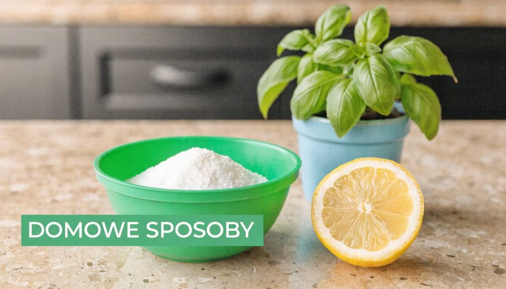 Miska z sodą oczyszczoną, cytryna oraz doniczka z bazylią stojące na blacie kuchennym jako domowe sposoby.