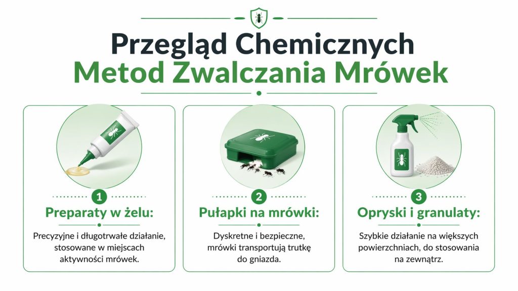 Infografika przedstawiająca przegląd chemicznych metod zwalczania mrówek za pomocą żeli, pułapek oraz oprysków i granulatów w domu.