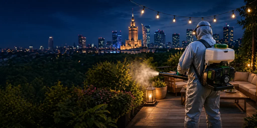 Obrazek przedstawia Profesjonalne odkomarzanie Warszawa wykonywane nocą na tarasie widokowym. Specjalista w pełnym kombinezonie ochronnym używa profesjonalnego zamgławiacza, by zabezpieczyć roślinność przed komarami. W tle widać rozświetloną panoramę stolicy z charakterystyczną bryłą Pałacu Kultury i Nauki.