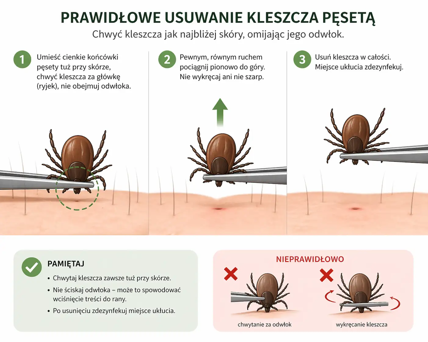 infografika pokazująca prawidłowe Jak bezpiecznie usunąć kleszcza