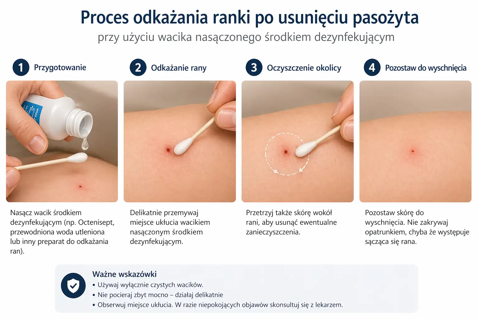 Proces odkażania ranki po usunięciu pasożyta przy użyciu wacika nasączonego środkiem dezynfekującym.