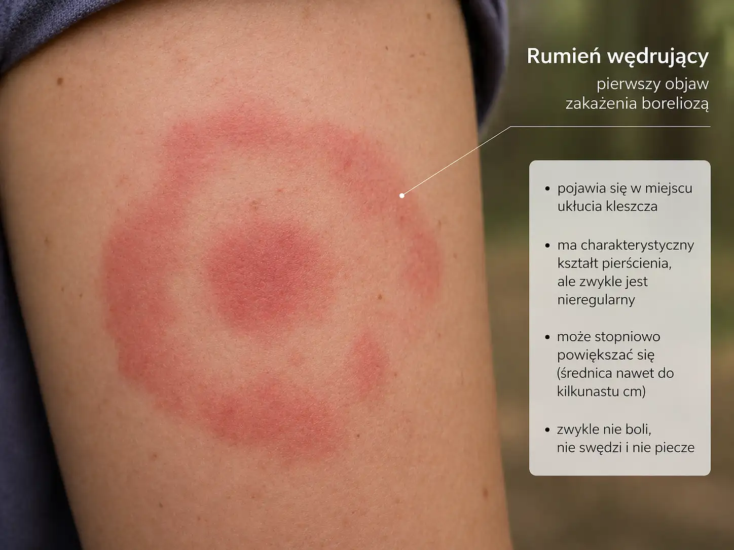 zdjęcie przedstawia 
Charakterystyczny rumień wędrujący w kształcie pierścienia, będący pierwszym objawem zakażenia boreliozą. 