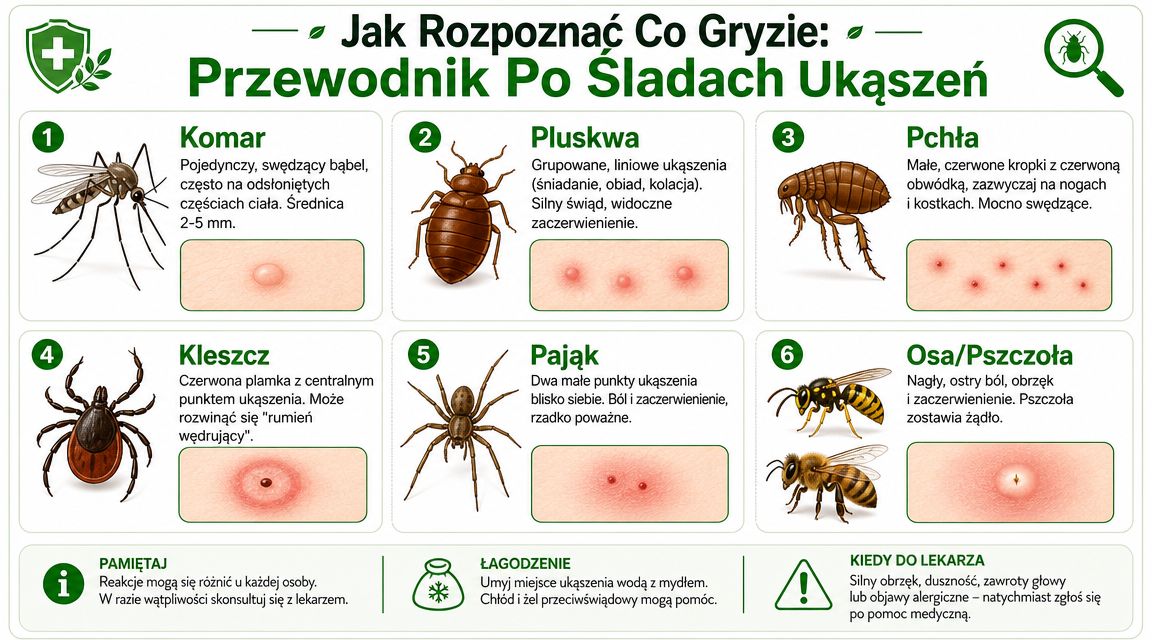 Grafika przedstawiająca przewodnik po śladach ugryzień owadów i pajęczaków wraz z opisami objawów oraz poradami dotyczącymi postępowania.