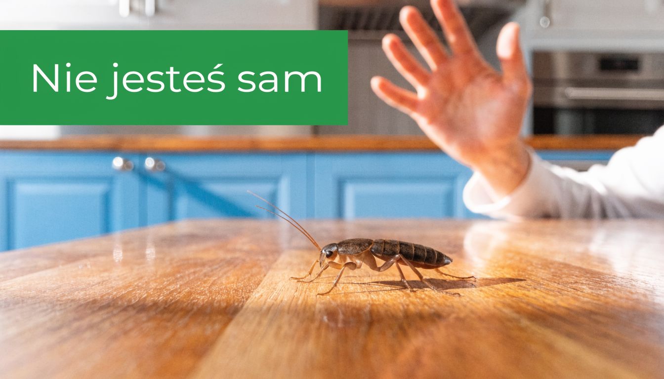 Dłoń odpychająca karalucha siedzącego na drewnianym blacie kuchennym, ilustrująca problem występowania owadów w mieszkaniu.