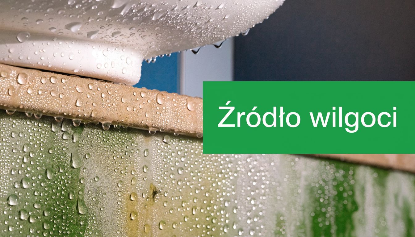 Zacieki z wody na ścianie oraz kondensacja wilgoci w pobliżu umywalki łazienkowej wskazujące na problem z nadmiarem wilgoci.