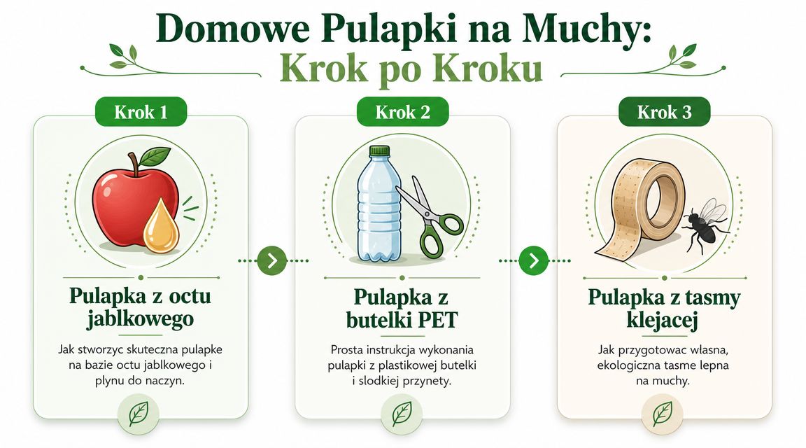 Infografika przedstawiająca trzy proste i ekologiczne sposoby na domowe pułapki na muchy krok po kroku.