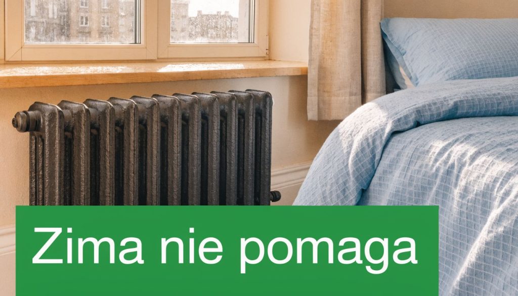 Grzejnik w sypialni obok łóżka z napisem Zima nie pomaga, ilustrujący problematykę przetrwania pluskiew w pomieszczeniach.