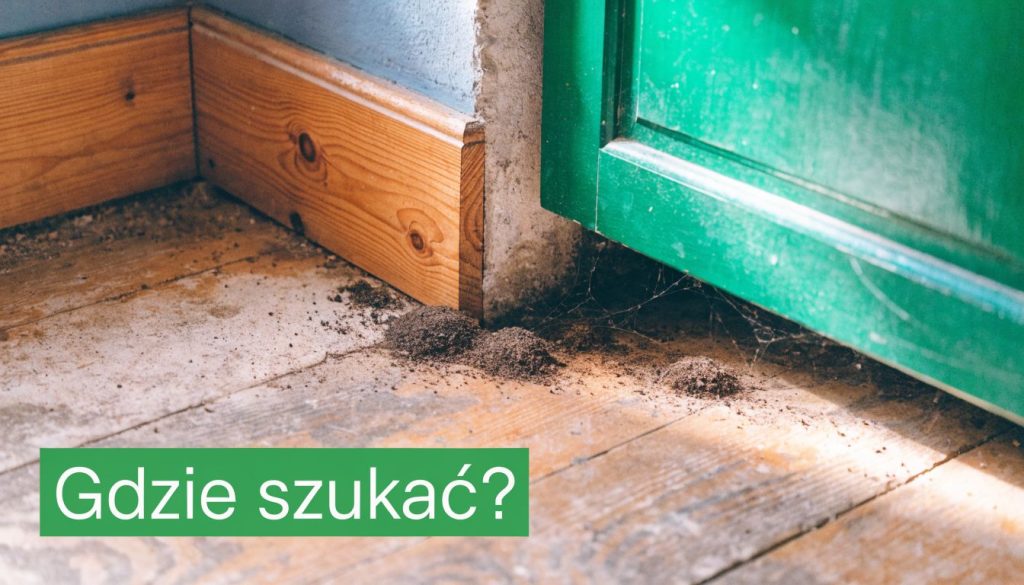 Niewielkie kupki piasku i zanieczyszczeń na podłodze przy ścianie oraz framudze zielonych drzwi wewnątrz pomieszczenia.