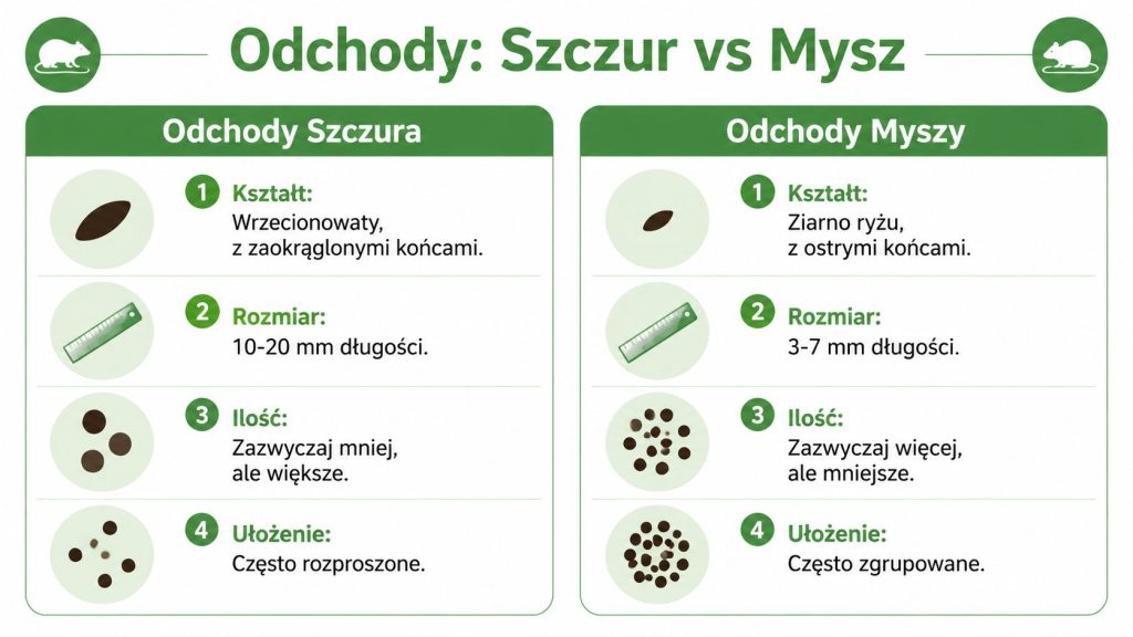 Grafika porównująca wygląd odchodów szczura oraz myszy, wskazująca różnice w kształcie, rozmiarze, ilości i sposobie ułożenia.