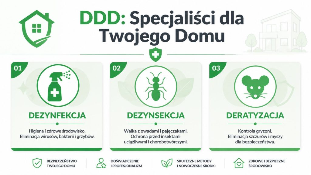 Grafika przedstawiająca usługi DDD: dezynfekcję, dezynsekcję i deratyzację dla bezpiecznego oraz higienicznego środowiska w Twoim domu.