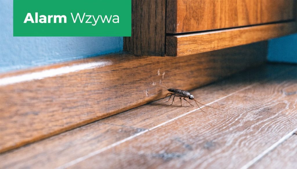 Karaluch wędrujący po podłodze przy listwie przypodłogowej w domu, sygnalizujący potrzebę profesjonalnej dezynsekcji pomieszczeń.