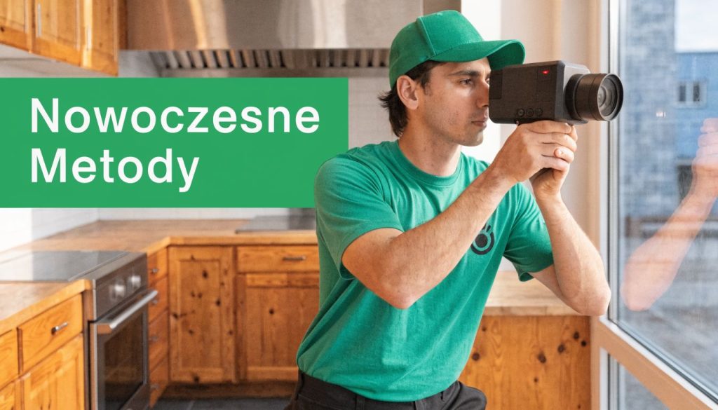 Pracownik w zielonym uniformie używa specjalistycznego sprzętu do kontroli obecności szkodników w pomieszczeniu mieszkalnym z drewnianą zabudową kuchenną.