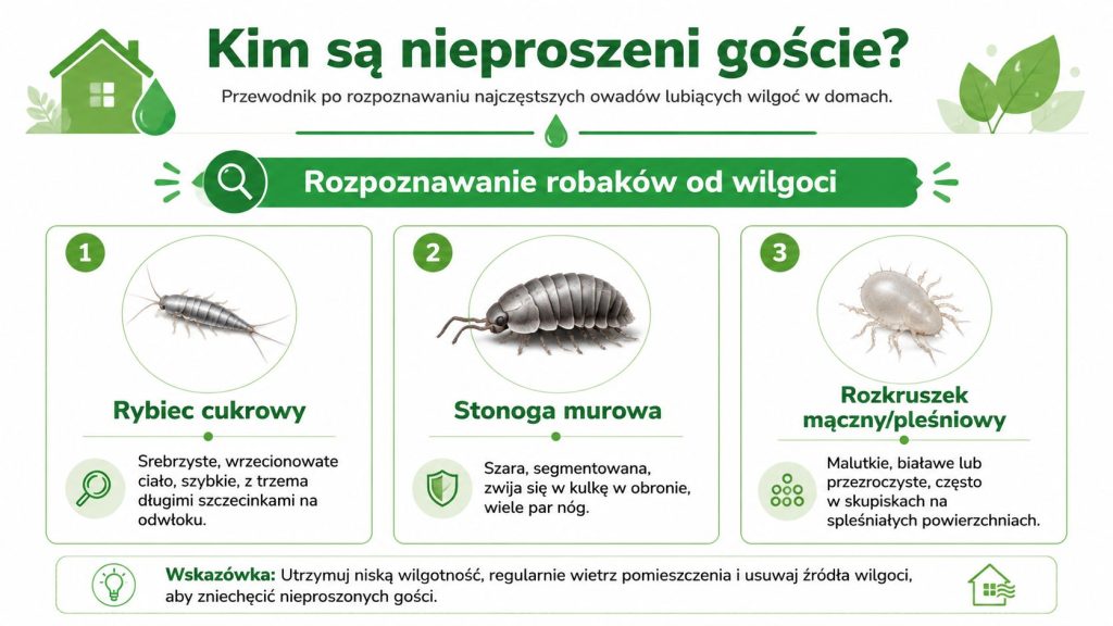 Infografika przedstawiająca trzy najpopularniejsze gatunki owadów domowych lubiących wilgoć, wraz z opisem ich wyglądu i zachowania.