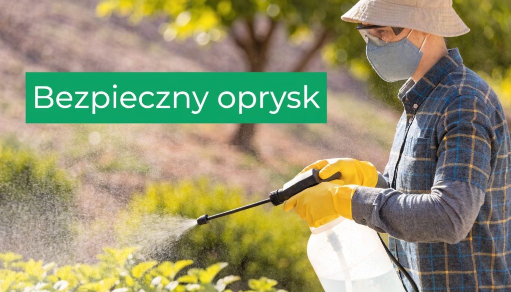 Osoba w odzieży ochronnej, masce i rękawicach wykonuje bezpieczny oprysk roślin w przydomowym ogrodzie w słoneczny dzień.