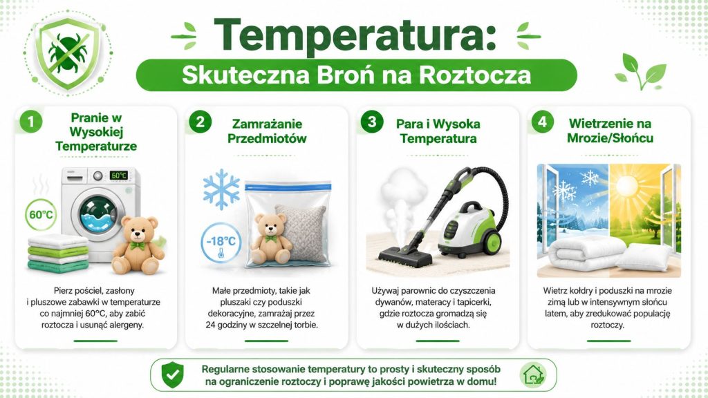 Infografika przedstawiająca cztery skuteczne sposoby walki z roztoczami domowymi za pomocą różnych metod temperaturowych.