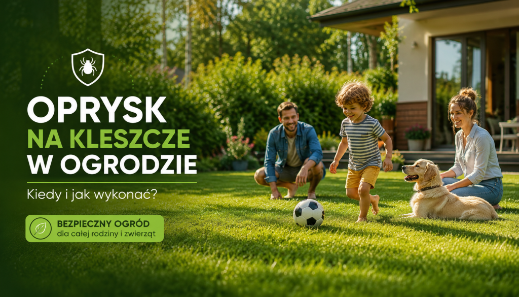 Rodzina bawiąca się z psem w ogrodzie zabezpieczonym opryskiem przeciw kleszczom