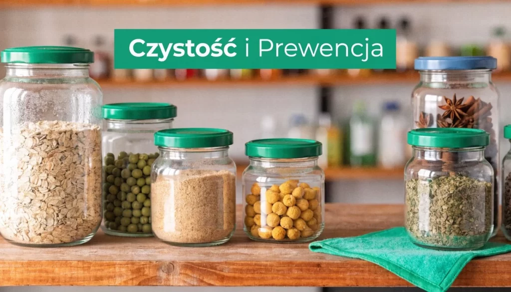Słoiki z żywnością sypką na półce w kuchni, które wymagają ochrony przed owadami takimi jak rybiki cukrowe.
