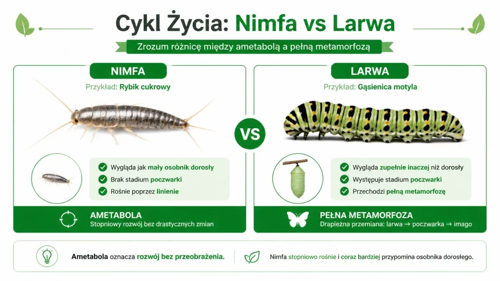Porównanie cyklu życiowego owadów: rozwój bez przeobrażenia u rybika cukrowego oraz pełna metamorfoza u gąsienicy motyla.