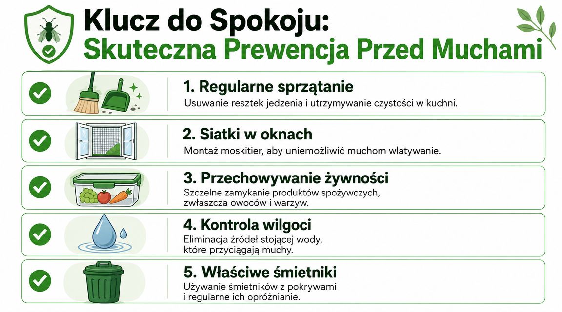 Grafika przedstawiająca pięć skutecznych sposobów na zapobieganie pojawianiu się much w domu, wraz z krótkimi opisami.