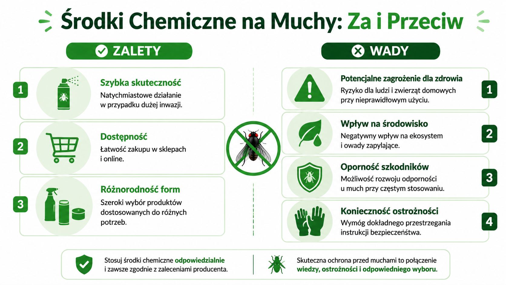 Grafika przedstawiająca zalety i wady stosowania chemicznych środków owadobójczych do zwalczania much w domu.