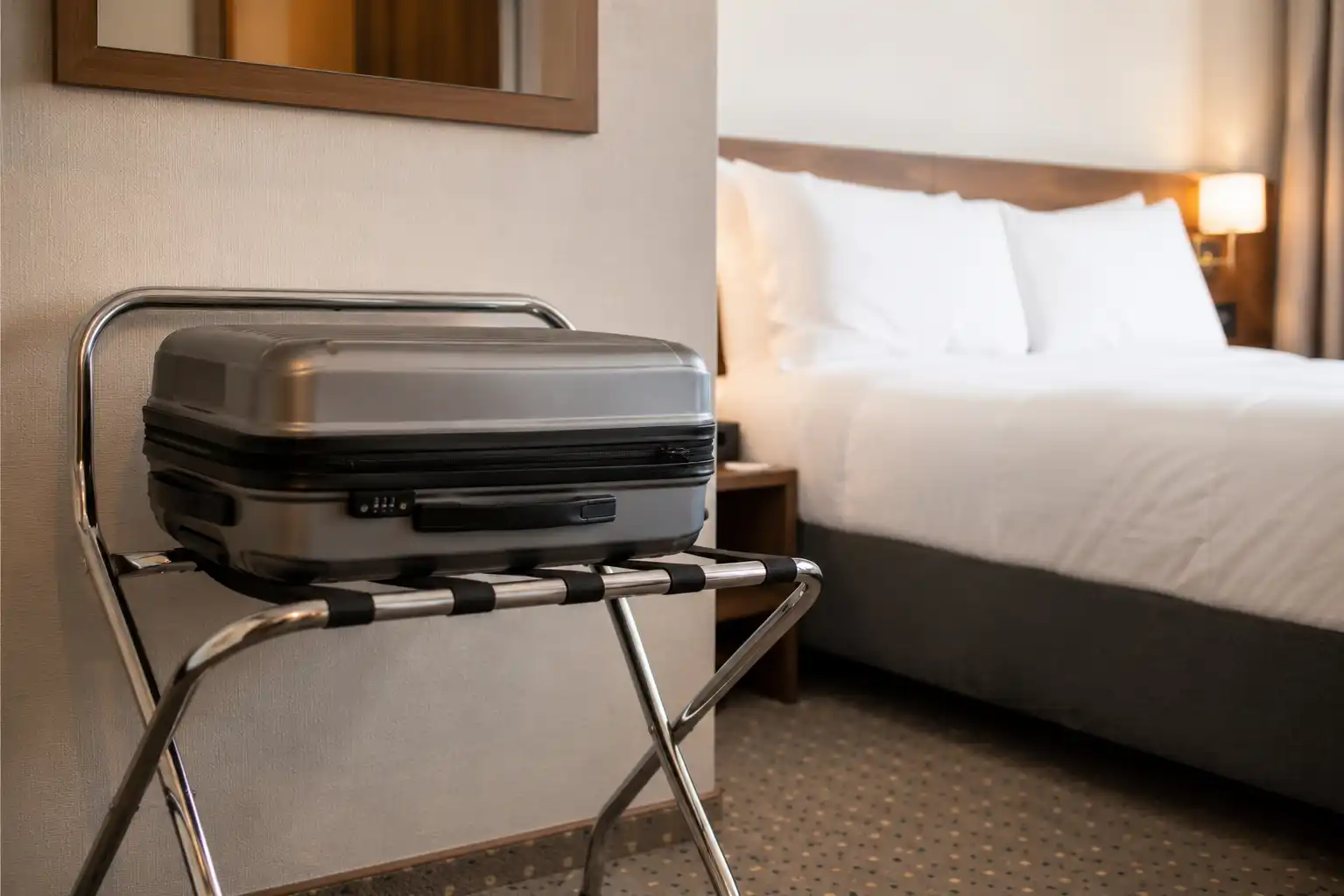 Walizka umieszczona na metalowym stojaku bagażowym w pokoju hotelowym. Alt: "bezpieczne przechowywanie bagażu w hotelu – profilaktyka przed pluskwami"