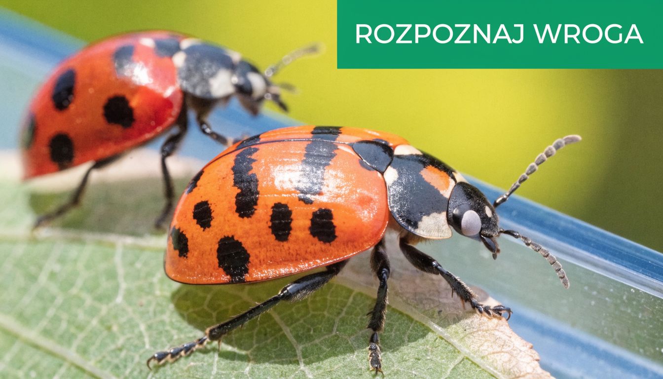 Dwie biedronki azjatyckie (Harmonia axyridis) na zielonym liściu, zbliżenie na charakterystyczne wzory na ich pancerzach.