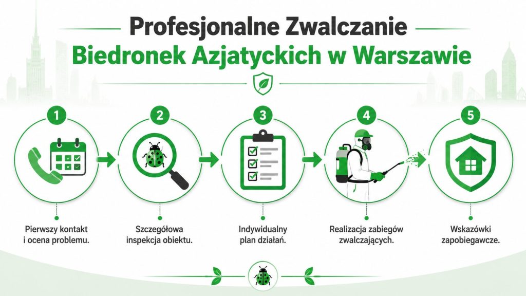 Grafika przedstawia pięcioetapowy proces profesjonalnego zwalczania biedronek azjatyckich w Warszawie, od kontaktu po wskazówki zapobiegawcze.