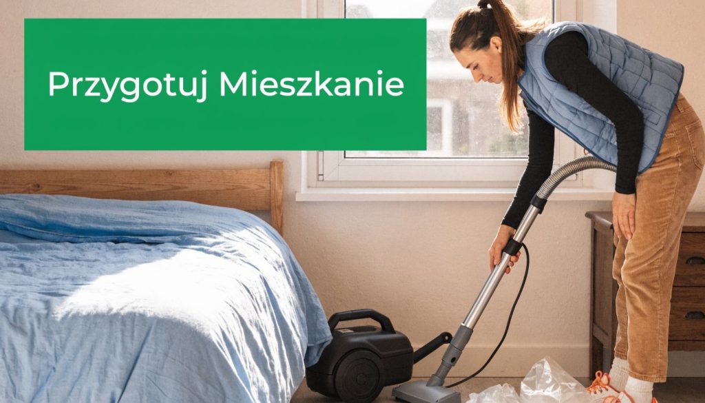 Kobieta odkurza podłogę w sypialni, przygotowując mieszkanie do dezynsekcji w celu usunięcia pluskiew domowych.